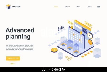 Modello vettoriale della landing page isometrica di pianificazione avanzata. Layout del sito web di gestione del tempo. Pianificazione automatizzata del concetto di pagina Web 3D. Flusso di lavoro o. Illustrazione Vettoriale