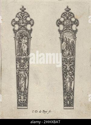 Design for Knife Handles with the Temptation of Adam and Eve and a Memento Mori Scene 1580–1600 pannello olandese Johann Theodor de Bry con due manici a lama, entrambi con scene sotto archi in cima. Il motivo a sinistra mostra Adamo ed Eva tentati dal serpente, dopo un disegno di Heinrich Algraver (Bartsch VIII.363.3). La scena a destra mostra un uomo con una rosa prima della figura seduta della morte, raffigurata come uno scheletro, ed è basata su un disegno di Jan Saenredam dopo Hendrik Goltzius (Bartsch III.258.123). Entrambi i disegni hanno uno sfondo nero con grottesche. Da una serie di dodici piastre Foto Stock