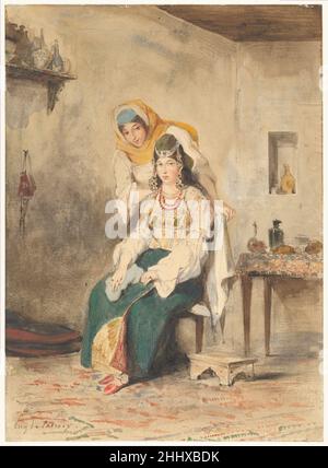 Saada, la moglie di Abraham ben-Chimol, e Préciada, una delle loro figlie 1832 Eugène Delacroix francese Delacroix prodotto questo sontuoso acquerello in un viaggio in Nord Africa nel 1832. Accompagnò il suo amico Conte de Mornay nella sua missione di ambasciatore di buona volontà al Sultano del Marocco, Abd-er-Rahman II Assegnato alla delegazione come dragomano era l'interprete ebraico Abraham ben-Chimol (Abraham Benchimol) di Tangeri, che introdusse i francesi a sua moglie e a sua figlia, qui raffigurata nel suo abito nuziale. Nel suo 'Journal', Delacroix descrisse in dettaglio un matrimonio ebraico Foto Stock