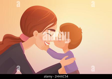 Carino ragazzino bacia la sua felice madre cartoon vettore illustrazione Illustrazione Vettoriale