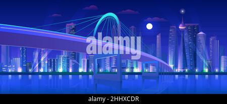 City Highway Night bridge, moderno skyline neon futuristico urbano, torre grattacieli in centro Illustrazione Vettoriale