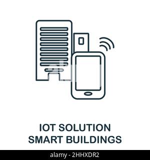 Icona edifici intelligenti. Elemento di linea dalla raccolta di soluzioni iot. Insegna a icone di edifici intelligenti lineari per il web design, l'infografia e altro ancora. Illustrazione Vettoriale