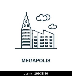 Icona Megapolis. Elemento di linea dalla collezione Big City LIFE. Simbolo dell'icona di Megapolis lineare per il disegno di fotoricettore, l'infographics e più. Illustrazione Vettoriale