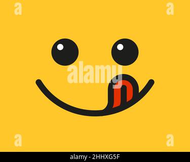 Sorriso yummy emoji con lingua lecca la bocca. Delizioso cibo gustoso simbolo per il social network. Icona yummy e affamata. Gustoso gourmet. Gusta un cartello con su scritto Illustrazione Vettoriale