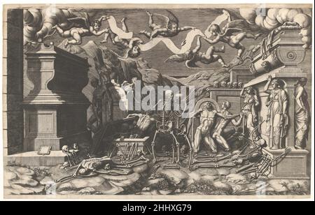 La visione di Ezechiele; Un gruppo di cadaveri e scheletri che emergono dalle tombe, sopra di loro cinque putti alati che reggono un banderolo 1554 Giorgio Ghisi italiano grande e drammatico, questa incisione raffigura la visione del profeta Ezechiele nella Valle dei morti quando vide un gran numero di persone riportate in vita. Come riportato nel Libro di Ezechiele dell'Antico Testamento, il profeta fu portato in una valle piena di ossa secche e comandò di profetizzarle. Come fece, “c'era un rumore, un suono di clattering; e le ossa si unirono. Guardai, e vidi che erano coperti Foto Stock