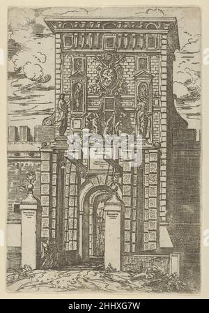 La porta Galiera, la porta d'ingresso di Bologna e il ponte levatoio con decorazioni temporanee per l'ingresso di Papa Clemente VIII a Bologna nel 1598 1598 Guido reni piatto italiano da 'creature de gli appariati fatti a Bologna per la venuta di N.S. Papa Clemente VIII', un libro che contiene una descrizione delle festività per l'ingresso di Papa Clemente VIII a Bologna e otto incisioni di reni che illustrano le decorazioni temporanee realizzate per l'evento, pubblicato da Vittorio Benacci a Bologna nel 1598. Una seconda edizione contenente un piatto aggiuntivo è stata pubblicata da Benacci nel 1599 e una successiva edizione ( Foto Stock