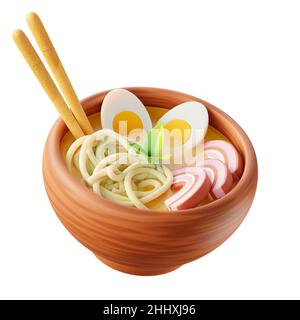 Ramen zuppa trandy illustrazione isolato su sfondo bianco. 3D rendering. Foto Stock