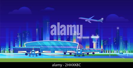 Illustrazione vettoriale della città di notte. Cartoon piano aeroporto terminal moderno edificio, aerei in attesa di volo, aerei decollo e atterraggio o Illustrazione Vettoriale