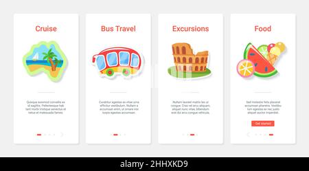 Crociera di viaggio avventura, escursione e illustrazione del vettore alimentare. UX, UI onboarding pagina app mobile impostata con line tour turistico in autobus turistico Illustrazione Vettoriale