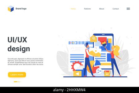 Sito web landing page design con cartoon flat Tiny People creatori team, designer personaggi creare, costruire applicazioni mobili, wireframe sviluppo Illustrazione Vettoriale