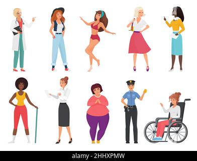 Set di illustrazioni vettoriali donna diverso. Cartoon flat internazionale caratteri femminili collezione con donna professionale vestendo uniforme, ragazze lavoratore Illustrazione Vettoriale