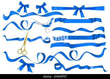 Forbici in metallo cromato e dorato che tagliano nastro di seta azzurra. Simboli realistici della cerimonia di apertura nastri nastri e forbici set. Grande apertura inau Illustrazione Vettoriale