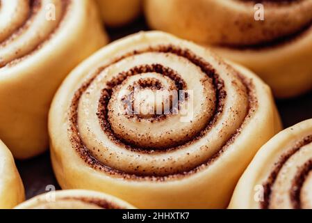 Dolci alla cannella cruda o cinnabon da vicino, dolci alla cannella cruda pronti per la cottura. Dolci panini da dessert tradizionali Foto Stock