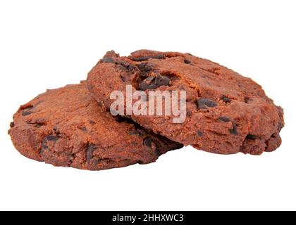 Biscotti marroni americani con gocce di cioccolato gustoso panificio isolato sul bianco Foto Stock