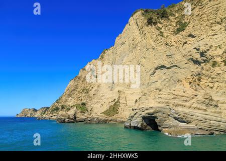 Una scogliera costiera di arenaria con una grotta marina a Tolaga Bay, Nuova Zelanda Foto Stock