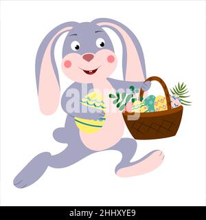 Personaggio Cartoon coniglio pasquale con un cestino pieno di uova di Pasqua colorate. Vettore isolato su sfondo bianco Illustrazione Vettoriale