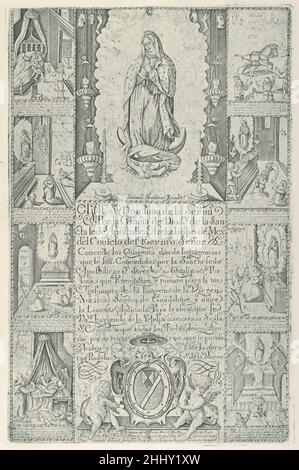 Indulgenza per donazione di elemosina verso la costruzione di una Chiesa alla Vergine di Guadalupe (impronta moderna del facsimile) 1608 (facsimile 1930–40) Samuel Stradanus Netherlandish certificato stampato di indulgenza rilasciato da Juan Pérez de la Serna, Arcivescovo di Messico; Utilizzato per raccogliere fondi per finanziare la costruzione del nuovo santuario di Tepeyac, consacrato nel 1622, che in seguito divenne la Basilica di Guadalupe. Per uno studio della stampa si veda: C. Bargellini, 'Samuel Sradanus, incisore fiammingo in Nuova Spagna', jaarboek Koninklijk Museum voor Schone Kusten Antwerpen, 2011, pp. 11-20. Indulgenza per Foto Stock