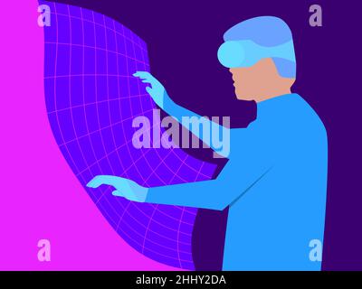 Uomo che indossa occhiali di realtà virtuale nel metaverse. Immissione dello spazio virtuale nell'auricolare. Tecnologia VR. Controllo manuale della realtà virtuale. Purpl Illustrazione Vettoriale