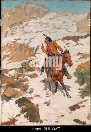 In Hot Pursuit dopo il 1900 Charles Schreyvogel questo lavoro raffigura un nativo americano armato su un cavallo galoppante che viene perseguito lungo una montagna ruvida da diversi piloti, che sono a malapena visibili in lontananza. La visione istantanea e simile a quella di uno scatto e il fatto che l'uomo e il suo monte sembrano essere sul punto di tuffarsi nello spazio dello spettatore amplificano il dramma. Per catturare effetti naturalistici, Schreysogel spesso dipinse all'aperto, studiando i suoi modelli alla luce del giorno contro i Palisades, le aspre scogliere lungo il fiume Hudson vicino al suo studio Hoboken, New Jersey. Ha anche fatto riferimento alla fotografia Foto Stock