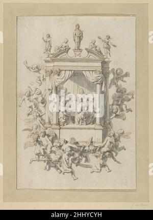 Un gruppo di uomini e donne che giocano musica da camera all'interno di un portico, sormontato da statue di Apollo e Femminile Figures, E circondato da Putti 1652 Jan de Bray olandese questo disegno presenta all'interno di un portico classico un gruppo di uomini e donne alla moda che cantano e suonano strumenti musicali, tra cui un clavicorda, liuto a doppia testa e violoncello. In cima al portico si trovano Apollo con la sua lira e quattro figure femminili: Una, probabilmente Venere, ha un cuore fiammeggiante ed è accompagnata da Cupido (un riferimento all'annosa associazione di musica e amore); le altre tre (forse muse classiche) hanno un Foto Stock