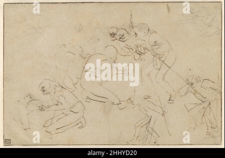 Studi per un'adorazione dei pastori inizio 17th secolo Adriaen Brouwer fiammingo sebbene non sopravviva un tale quadro con la mano, Brouwer, su questo foglio di lavoro, ha esplorato soluzioni per un'adorazione dei pastori. Vivaci studi di figura in gesso nero, alcuni di loro rielaborati in penna e inchiostro, coprire la pagina. Occupando la parte centrale del foglio è una rappresentazione dell'intero gruppo figurale. Al suo centro si trova il Cristo Bambino; il suo profilo è indicato in sintesi con alcuni tratti di penna veloci, che si sovrappongono a due linee diagonali, la gamba di uno dei pastori, e due tratti orizzontali, la parte superiore di Foto Stock