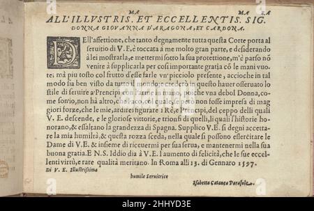 Studio delle virtuose Dame, pag. 3 (recto) 1597 Isabella Catanea Parasole Italian Designed by Isabella Catanea Parasole, Italian, ca. 1575-ca. 1625, pubblicato da Antonio Fachetti, Roma. Pagina dedicata in italiano, stampata in nero con decorativa 'D' iniziale in legno. Studio delle virtuose Dame, pagina 3 (recto) 660991 Foto Stock