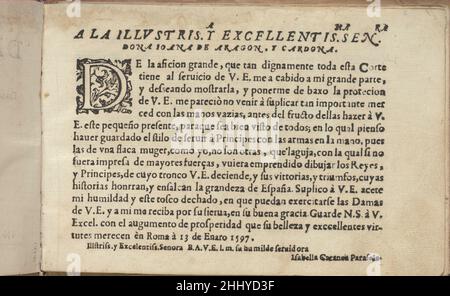 Studio delle virtuose Dame, pag. 2 (recto) 1597 Isabella Catanea Parasole Italian Designed by Isabella Catanea Parasole, Italian, ca. 1575-ca. 1625, pubblicato da Antonio Fachetti, Roma. Pagina dedicata in spagnolo, stampata in nero con decorativo legno intagliato iniziale 'D'.. Studio delle virtuose Dame, pagina 2 (recto) 660990 Foto Stock