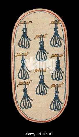 8 di Tethers, dalle carte da gioco dei Chiostri ca. 1475–80 South Netherlandish il set Cloisters di cinquantadue carte costituisce l'unico mazzo completo conosciuto di carte da gioco ordinarie illuminate (al contrario delle carte tarocchi) del XV secolo. Ci sono quattro tute, ciascuna composta da un re, una regina, un cavaliere e dieci carte pip. I simboli del vestito, basati sull'attrezzatura associata alla caccia, sono corna da caccia, collari di cane, tether di cane e nooses di gioco. Il valore delle carte pip è indicato da opportune ripetizioni del simbolo del seme. Le cifre, che sembrano essere basate su Franco-Flemi Foto Stock