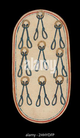 9 di Nooses, dalle carte da gioco dei Chiostri ca. 1475–80 South Netherlandish il set Cloisters di cinquantadue carte costituisce l'unico mazzo completo conosciuto di carte da gioco ordinarie illuminate (al contrario delle carte tarocchi) del XV secolo. Ci sono quattro tute, ciascuna composta da un re, una regina, un cavaliere e dieci carte pip. I simboli del vestito, basati sull'attrezzatura associata alla caccia, sono corna da caccia, collari di cane, tether di cane e nooses di gioco. Il valore delle carte pip è indicato da opportune ripetizioni del simbolo del seme. Le cifre, che sembrano essere basate su Franco-Flemis Foto Stock