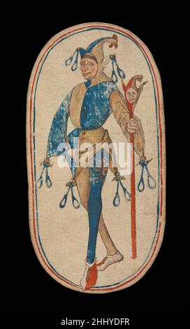 Cavaliere di Nooses, dalle carte da gioco dei Chiostri ca. 1475–80 South Netherlandish il set Cloisters di cinquantadue carte costituisce l'unico mazzo completo conosciuto di carte da gioco ordinarie illuminate (al contrario delle carte tarocchi) del XV secolo. Ci sono quattro tute, ciascuna composta da un re, una regina, un cavaliere e dieci carte pip. I simboli del vestito, basati sull'attrezzatura associata alla caccia, sono corna da caccia, collari di cane, tether di cane e nooses di gioco. Il valore delle carte pip è indicato da opportune ripetizioni del simbolo del seme. Le cifre, che sembrano essere basate su Franco-Fl Foto Stock