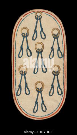 7 di Nooses, dalle carte da gioco dei Chiostri ca. 1475–80 South Netherlandish il set Cloisters di cinquantadue carte costituisce l'unico mazzo completo conosciuto di carte da gioco ordinarie illuminate (al contrario delle carte tarocchi) del XV secolo. Ci sono quattro tute, ciascuna composta da un re, una regina, un cavaliere e dieci carte pip. I simboli del vestito, basati sull'attrezzatura associata alla caccia, sono corna da caccia, collari di cane, tether di cane e nooses di gioco. Il valore delle carte pip è indicato da opportune ripetizioni del simbolo del seme. Le cifre, che sembrano essere basate su Franco-Flemis Foto Stock