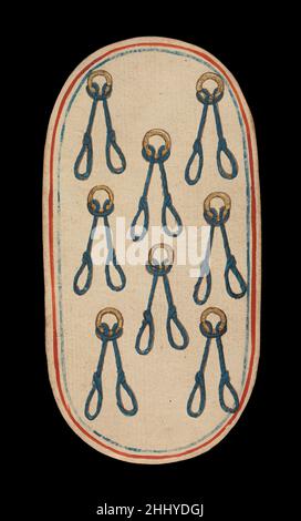8 di Nooses, dalle carte da gioco dei Chiostri ca. 1475–80 South Netherlandish il set Cloisters di cinquantadue carte costituisce l'unico mazzo completo conosciuto di carte da gioco ordinarie illuminate (al contrario delle carte tarocchi) del XV secolo. Ci sono quattro tute, ciascuna composta da un re, una regina, un cavaliere e dieci carte pip. I simboli del vestito, basati sull'attrezzatura associata alla caccia, sono corna da caccia, collari di cane, tether di cane e nooses di gioco. Il valore delle carte pip è indicato da opportune ripetizioni del simbolo del seme. Le cifre, che sembrano essere basate su Franco-Flemis Foto Stock