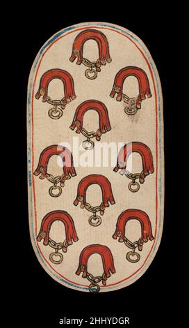 10 dei Collars, dalle carte da gioco dei Chiostri ca. 1475–80 South Netherlandish il set Cloisters di cinquantadue carte costituisce l'unico mazzo completo conosciuto di carte da gioco ordinarie illuminate (al contrario delle carte tarocchi) del XV secolo. Ci sono quattro tute, ciascuna composta da un re, una regina, un cavaliere e dieci carte pip. I simboli del vestito, basati sull'attrezzatura associata alla caccia, sono corna da caccia, collari di cane, tether di cane e nooses di gioco. Il valore delle carte pip è indicato da opportune ripetizioni del simbolo del seme. Le cifre, che sembrano essere basate su Franco-Flem Foto Stock