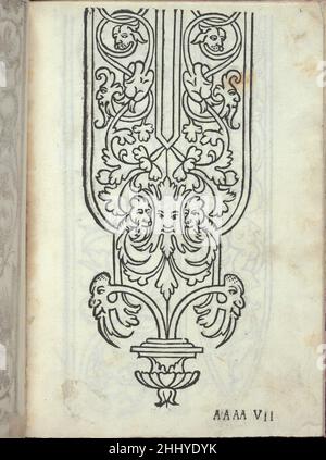 Libro quarto. De rechami per elquale se impara in diuersi Modelordine e il modo di recamare...Opera nua, page 6 (recto) ca. 1532 Alessandro Paganino italiano pubblicato da Alessandro Paganini, italiano, attivo 16th secolo.Ricamo design decorato con viti ricurvi che si uniscono e formano una foglia su cui è un volto umano. Ogni vite termina anche in una foglia con un volto animale o umano. Il fondo del disegno termina con un elemento ornamentale. Libro quarto. De rechami per elquale se impara in diuersi Modelordine e il modo di recamare...Opera nua, pag. 6 (recto) 659836 Foto Stock