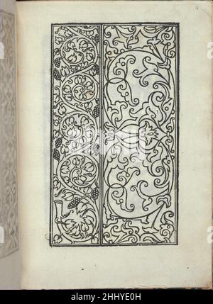 Libro quarto. De rechami per elquale se impara in diuersi Modelordine e il modo di recamare...Opera nua, page 16 (recto) ca. 1532 Alessandro Paganino italiano pubblicato da Alessandro Paganini, italiano, attivo 16th secolo.Ricamo design composto da 2 colonne verticali. La colonna di sinistra è decorata con vitigni d'uva ricurvi. La colonna di destra è decorata con motivi Moresque. Libro quarto. De rechami per elquale se impara in diuersi Modelordine e il modo di recamare...Opera nua, pag. 16 (recto) 659846 Foto Stock