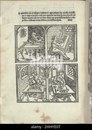 Libro quarto. De rechami per elquale se impara in diuersi Modelordine e il modo di recamare...Opera nua, pagina 2 (verso) ca. 1532 Alessandro Paganino italiano pubblicato da Alessandro Paganini, italiano, attivo 16th secolo.continua l'osservazione dell'autore al lettore delle pagine precedenti. Sotto il testo sono due scene che illustrano le donne che fanno i modelli di ricamo alle loro rispettive stazioni. Libro quarto. De rechami per elquale se impara in diuersi Modelordine e il modo di recamare...Opera nua, pagina 2 (verso) 659830 Foto Stock
