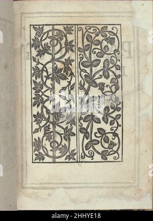 Libro quarto. De rechami per elquale se impara in diuersi Modelordine e il modo di recamare...Opera nua, page 18 (recto) ca. 1532 Alessandro Paganino italiano pubblicato da Alessandro Paganini, italiano, attivo 16th secolo.Ricamo design composto da 2 colonne verticali. La colonna di sinistra è decorata con viti a curvatura con foglie a 5 lati. La colonna di destra è decorata con viti ricurvi con foglie di forma ovale. Questo disegno è una stampa nera inversa del disegno dalla pagina precedente. Libro quarto. De rechami per elquale se impara in diuersi Modelordine e il modo di recamare...Opera nua, pagina 18 (rect Foto Stock