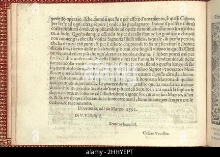 Corona delle Nobili et Virtuose Donne: Libro i-IV, pagina 2 (verso) 1601 Cesare Vecellio Italian Published by Cesare Vecellio, Italian, Pieve di Cadore 1521-1601 Venezia, Venice.continuazione della dedica dalla pagina precedente. Testo stampato in nero. Corona delle Nobili e Virtuose Donne: Libro i-IV, pagina 2 (verso) 661608 Foto Stock