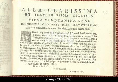 Corona delle Nobili et Virtuose Donne: Libro i-IV, pagina 30 (recto) 1601 Cesare Vecellio Italian Published by Cesare Vecellio, Italian, Pieve di Cadore 1521-1601 Venezia, Venice.From top to bottom, and left to right:pagina dedicazione per il Libro 2 che ha una 'e' illustrata in legno. Tutti i testi sono stampati in nero. Corona delle Nobili e Virtuose Donne: Libro i-IV, pagina 30 (recto) 661829 Foto Stock