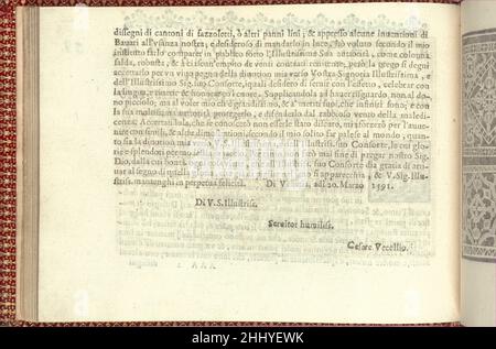 Corona delle Nobili et Virtuose Donne: Libro i-IV, pagina 58 (verso) 1601 Cesare Vecellio Italian Published by Cesare Vecellio, Italian, Pieve di Cadore 1521-1601 Venezia, Venice.continuazione della dedica dalla pagina precedente. Tutto il testo stampato in nero. Corona delle Nobili e Virtuose Donne: Libro i-IV, pagina 58 (verso) 661869 Foto Stock