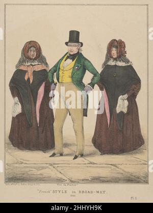 Vive la France, stile 'Francese' a Broadway 1840 Alfred E. Baker American questa immagine di un dapper gentleman che indossa un cappello e un cappotto di coda, con nastro sul suo lapel, E scortare due Signore similmente vestito in scialli e bonnets con veli può caricature Edward Dechaux, un commerciante d'arte prominente che inoltre ha prodotto le tele per gli artisti, stampando il suo nome sul retro (un esempio è alla società storica di New York (per le stampe relative veda 54.90.1083 e 54.90.1357-.1358). Vive la France, stile 'Francese' a Broadway 388732 Foto Stock