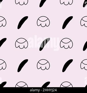 Motivi geometrici floreali disegnati a mano senza cuciture, elementi neri su sfondo rosa. Illustrazione Vettoriale