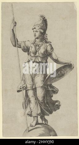 Pallas Athena in piedi su un globo, tenendo una lancia nella sua mano sinistra e il suo scudo nella sua destra ca. 1520–27 Anonimo, italiano, dal 16th all'inizio del 17th secolo italiano. Pallas Athena in piedi su un globo, tenendo una lancia nella sua mano sinistra e il suo scudo nella sua destra 342586 Foto Stock