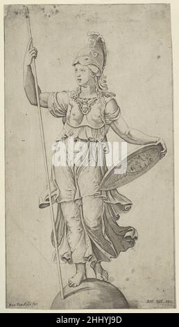 Pallas Athena in piedi su un globo, tenendo una lancia nella sua mano sinistra e il suo scudo nella sua destra ca. 1520–40 Anonimo, italiano, dal 16th all'inizio del 17th secolo italiano. Pallas Athena in piedi su un globo, tenendo una lancia nella sua mano sinistra e il suo scudo nella sua destra 342587 Foto Stock