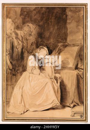 Il Dreamer fine 1770s Jean Honoré Fragonard francese Una giovane donna siede sul bordo di una poltrona vicino ad uno specchio parzialmente coperto di drappeggi; sembra che si dosa, un libro aperto in mano. Un'altra giovane donna si trova nelle vicinanze, con un dito sollevato sulle labbra per tacere la sua compagna, che si gira e punta verso la figura del sonno. Fragonard cattura magistralmente l'interazione di luce e texture, soprattutto nel sontuoso abito di seta del protagonista. Liberando la forma da una linea di definizione, costruisce il volume quasi interamente da una gamma di lavaggi applicati spontaneamente. La presenza fisica di Foto Stock