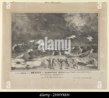Terribile recchio del Messico su Hempstead Beach, 2nd gennaio 1837 – come ora in mostra a Hanington Dioramas – perito in All–115 Souls. 1846–56 dopo H. Sewell American Una nave, il Messico, è gettata nelle onde dell'oceano durante una tempesta. In primo piano cinque uomini sulla riva tentano di gettare corde all'equipaggio in una scialuppa a sinistra. Terribile recchio del Messico su Hempstead Beach, 2nd gennaio 1837 – come ora in mostra a Hanington Dioramas – perito in All–115 Souls. 662282 Foto Stock