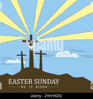 Croce cristiana in festa religiosa Pasqua. Testo Domenica di Pasqua, celebrare la risurrezione. Scarabocchio di schizzo Illustrazione Vettoriale