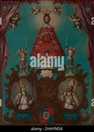 La Vergine di El Camino con San Fermín e San Saturnino 1773 Nicolás Enríquez messicana secondo la leggenda, la scultura conosciuta come nostra Signora di El Camino apparve miracolosamente nelle travi della Pamplona, Spagna, parrocchia di San Saturnino nel 1487, vi si è trasportato da un eremo derelitto in un altro luogo. La devozione all’immagine prevale a Pamplona e nel resto della Navarra, compresa la valle natale del proprietario Baztán, il cui stemma a scacchiera appare sotto la Vergine. Sono anche figure di San Saturnino e di San Fermín, rispettivamente patroni di Pamplona e Navarra Foto Stock