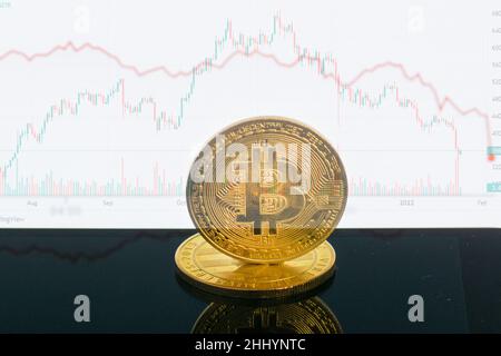 moneta da bit per la svalutazione. Primo piano bitcoin e la barra del grafico digitale del mercato azionario su nero. Criptovaluta. Crescita dello stock di Bitcoin. Investire in risorse virtuali. Foto Stock