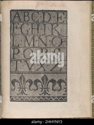 Ornamento delle belle & virtuose donne, pagina 10 (recto) 1554 Matteo pagano italiano pubblicato da Matteo pagano, italiano, 1515-1588, Venezia, diretto da Lloyd, Wallis & Lloyd, British, Londra attiva dopo il 1821. Dall'alto verso il basso e da sinistra verso destra:Design composto da 3 colonne verticali. La colonna di sinistra è decorata con motivo interlacciato formato da triangoli neri. La colonna centrale è decorata con motivo interlacciato nero su sfondo grigio. La colonna di destra è suddivisa in 2 sezioni: La sezione superiore è decorata con quadrati alternati con '+s al centro e quadrati vuoti, e la sezione inferiore i Foto Stock